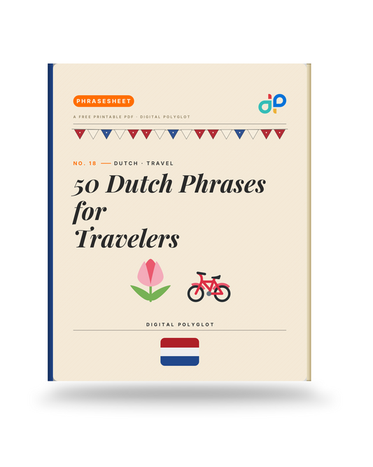 50 Dutch phrases for travelers — book cover with tulips and bicycle, Netherlands flag