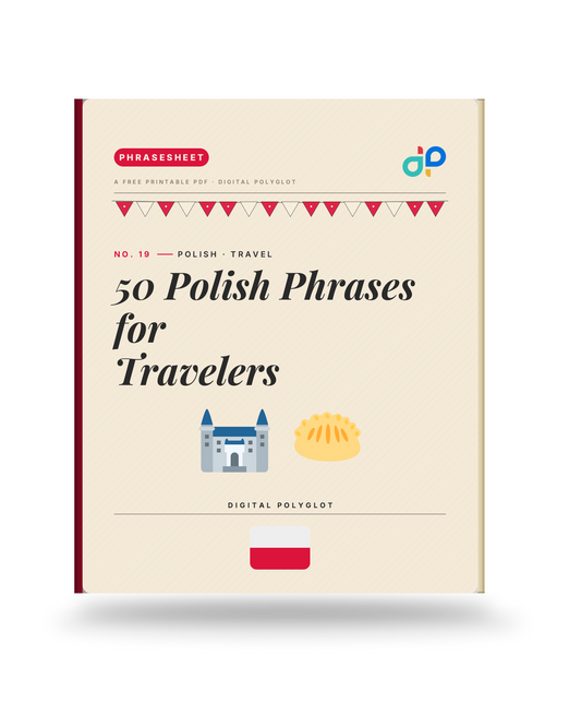 50 Polish phrases for travelers — book cover with Wawel castle and pierogi, Poland flag
