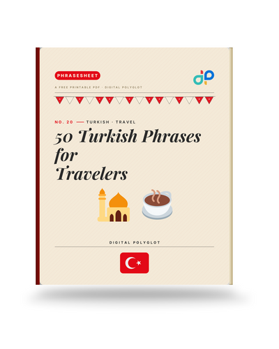 50 Turkish phrases for travelers — book cover with mosque and tea, Turkey flag